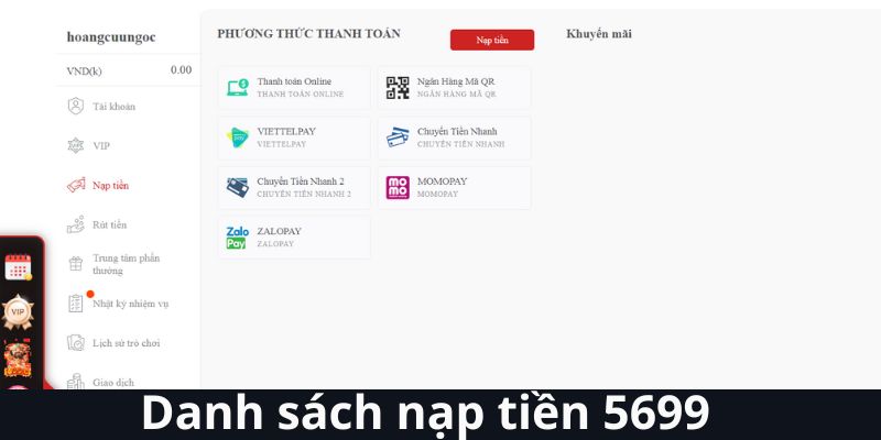 Danh sách nạp tiền 5699